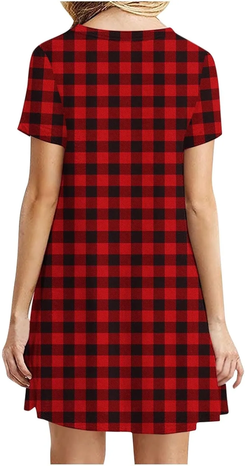2025 Womens Summer Dress Floral Printed Short Sleeve A-Line Casual Dresses Fashion Pleated Office Dress