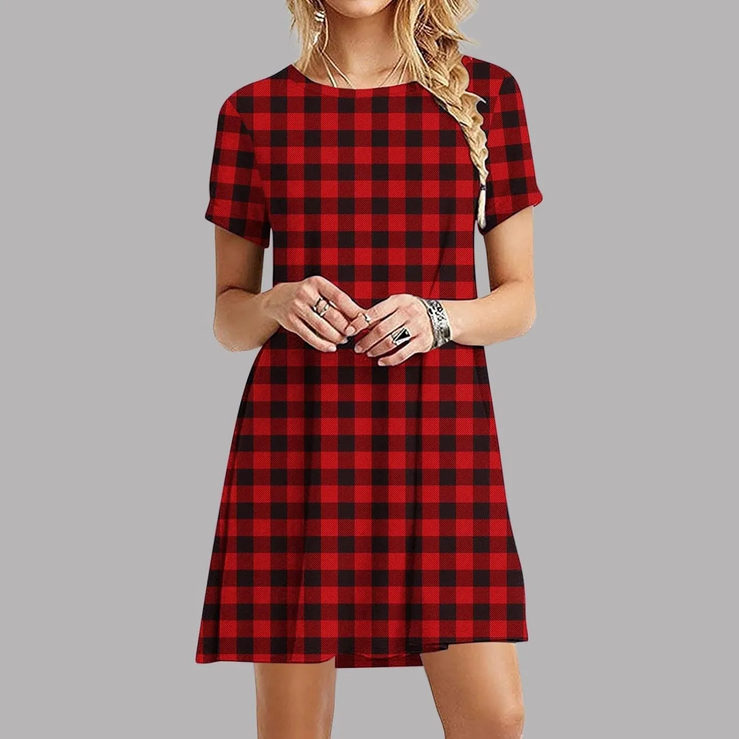 2025 Womens Summer Dress Floral Printed Short Sleeve A-Line Casual Dresses Fashion Pleated Office Dress