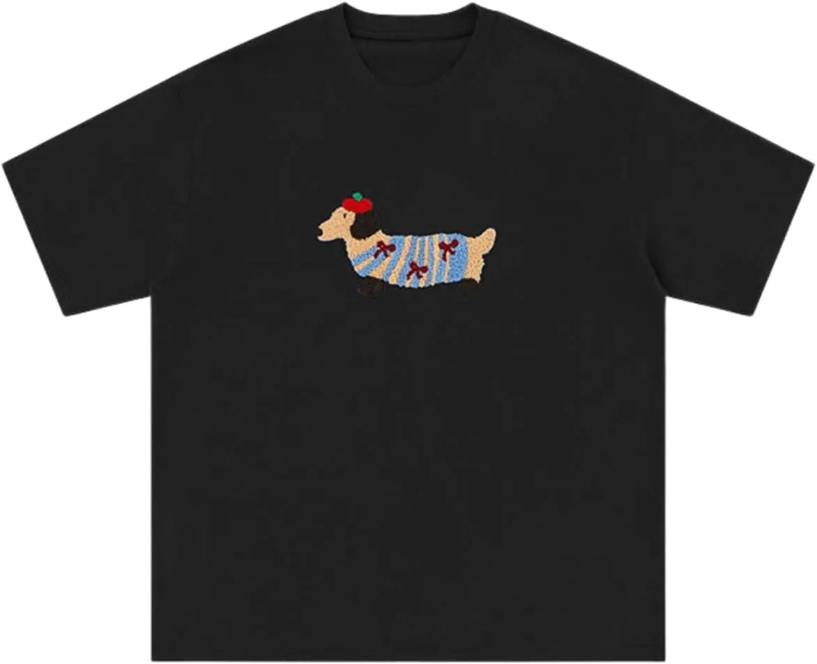 Aelfric Eden Mens Oversized Graphic Tees Dog Embroidery Casual Women Tshirts Short Sleeve Top Cotton Cute Tee Shirt