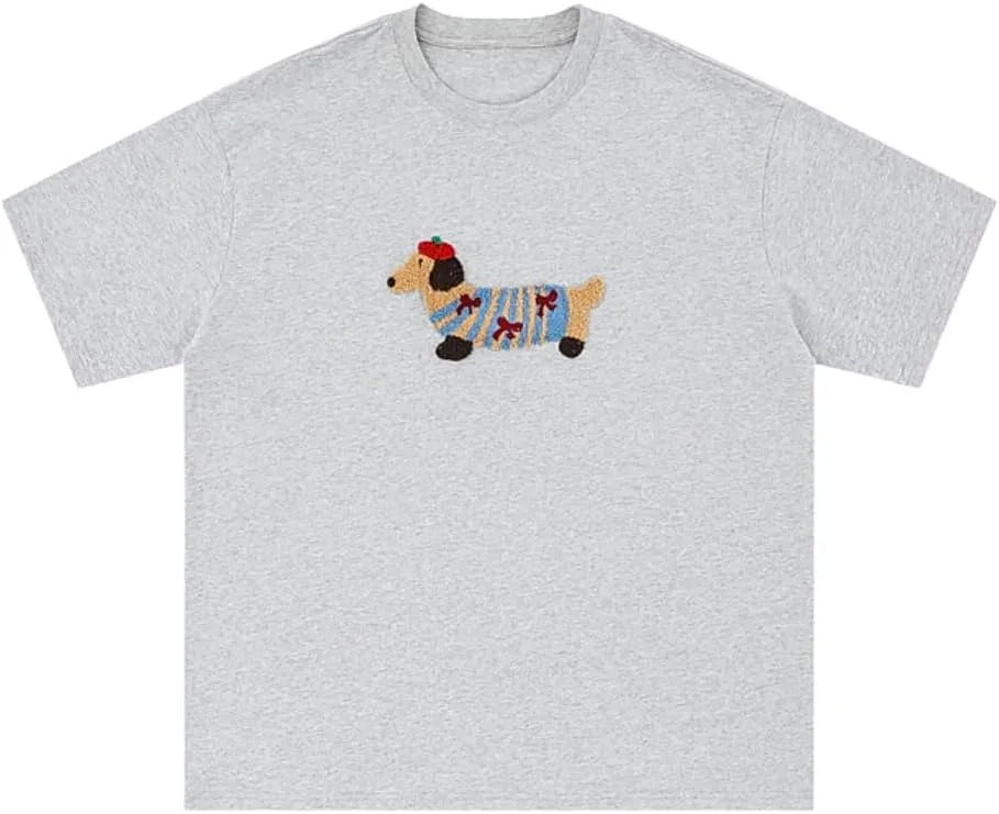 Aelfric Eden Mens Oversized Graphic Tees Dog Embroidery Casual Women Tshirts Short Sleeve Top Cotton Cute Tee Shirt