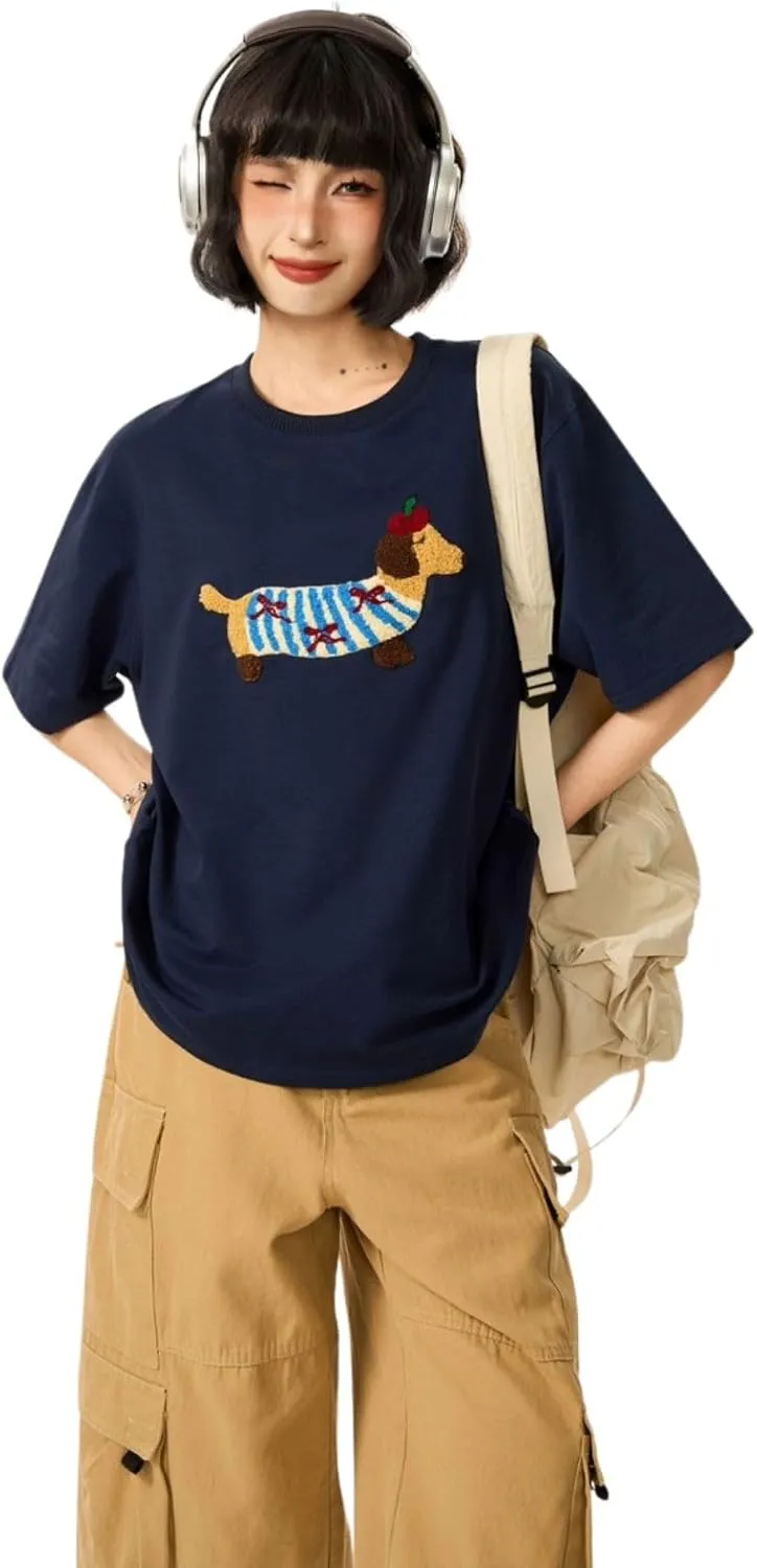 Aelfric Eden Mens Oversized Graphic Tees Dog Embroidery Casual Women Tshirts Short Sleeve Top Cotton Cute Tee Shirt
