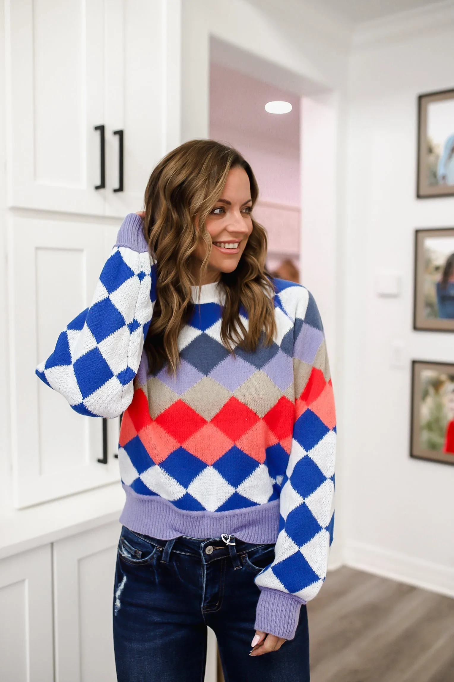 Aemi   Co Diamond Mock Neck Raglan Sleeve Sweater