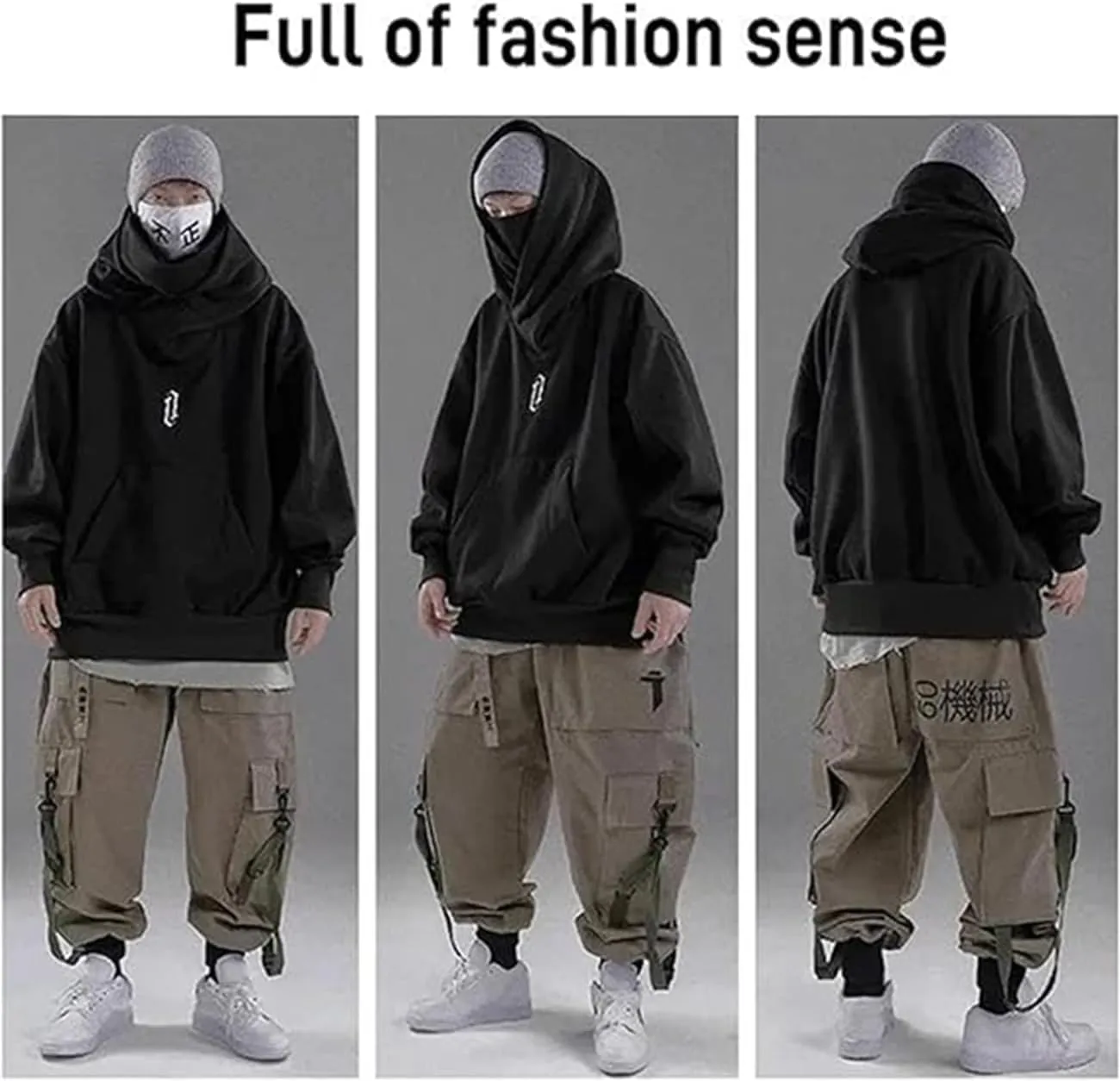 Alalaso Ninja Hoodie Men Double Neckline Cotton Pullover Windproof Warm Japanese Assassin-Style Sweatshirt for Men and Women
