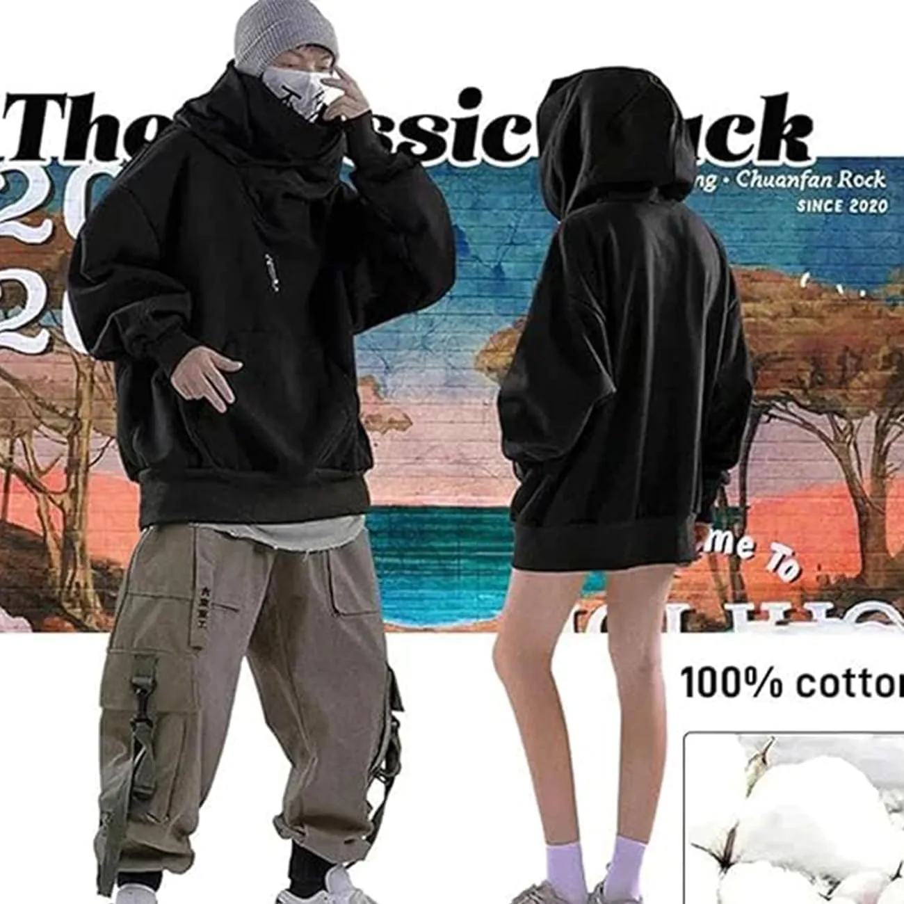 Alalaso Ninja Hoodie Men Double Neckline Cotton Pullover Windproof Warm Japanese Assassin-Style Sweatshirt for Men and Women