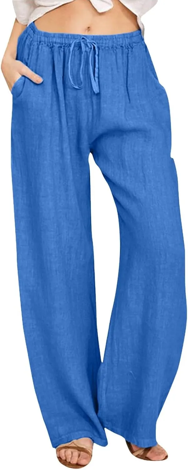 Aniwyn Cotton Linen Pants for Women Loose Fit Summer Wide Leg Casual Loose Drawstring High Waist Palazzo Trousers with Pocket