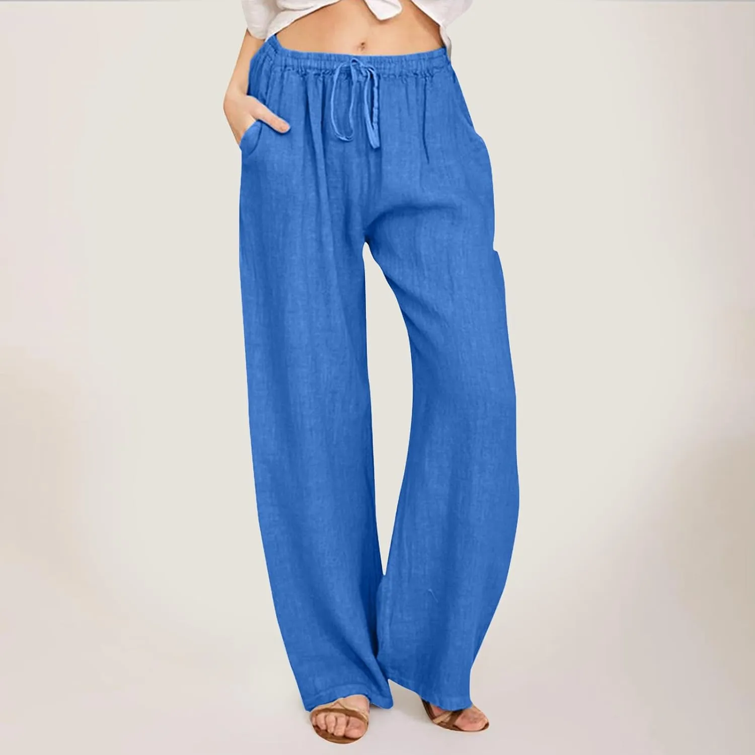 Aniwyn Cotton Linen Pants for Women Loose Fit Summer Wide Leg Casual Loose Drawstring High Waist Palazzo Trousers with Pocket