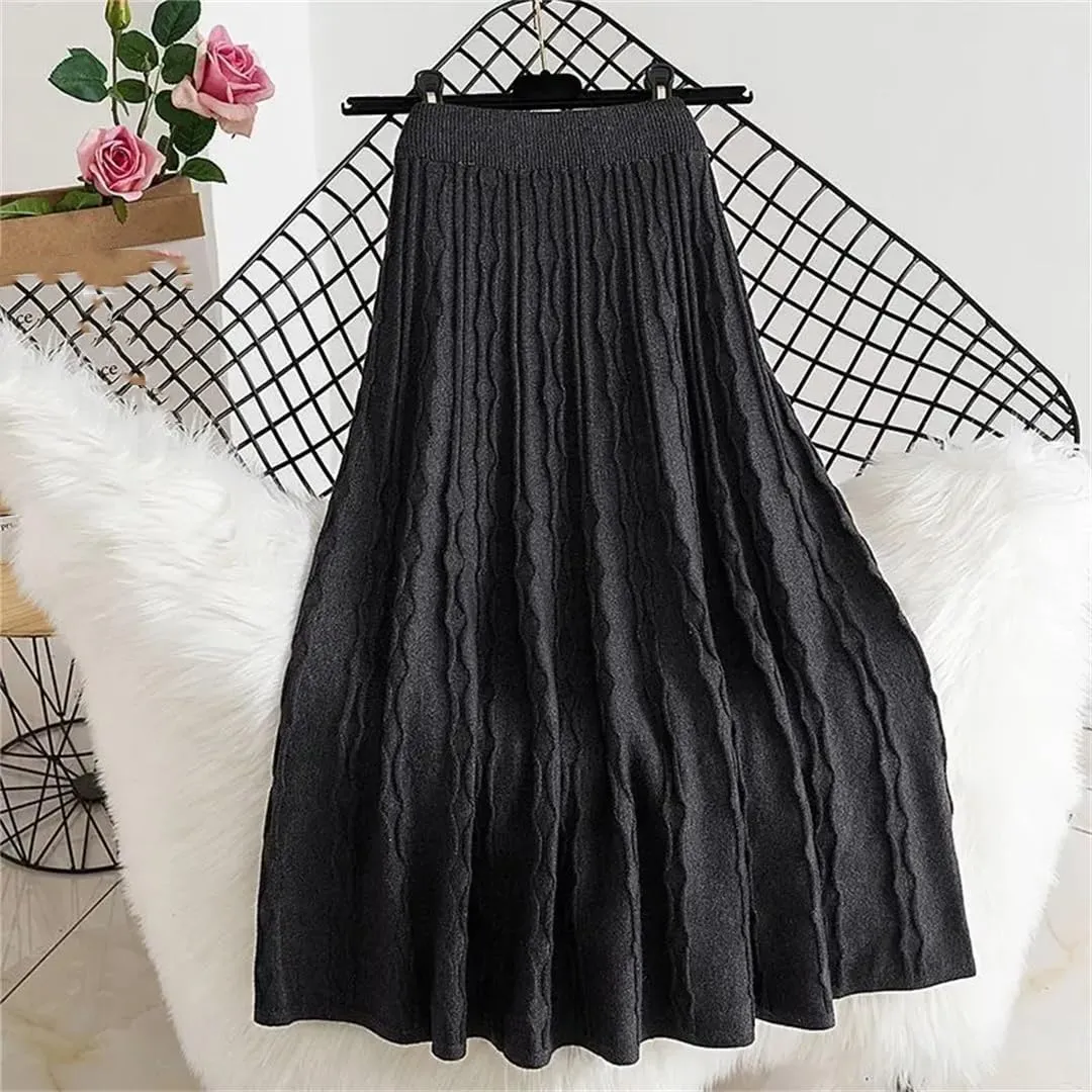 Autumn Winter Pleated Long Skirts for Women Vintage Elastic A-Line High Waist Knitted Skirt Elegant Midi Skirt