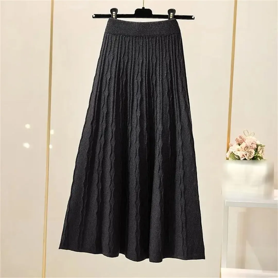 Autumn Winter Pleated Long Skirts for Women Vintage Elastic A-Line High Waist Knitted Skirt Elegant Midi Skirt