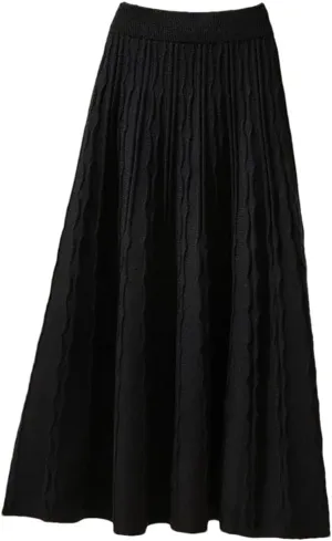Autumn Winter Pleated Long Skirts for Women Vintage Elastic A-Line High Waist Knitted Skirt Elegant Midi Skirt