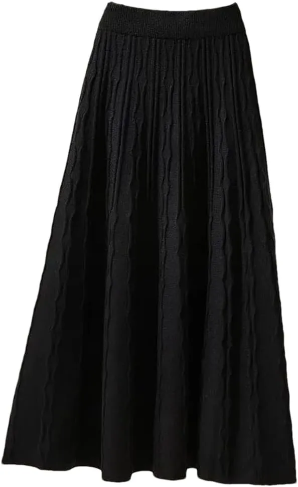 Autumn Winter Pleated Long Skirts for Women Vintage Elastic A-Line High Waist Knitted Skirt Elegant Midi Skirt
