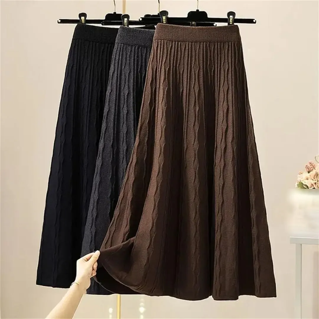 Autumn Winter Pleated Long Skirts for Women Vintage Elastic A-Line High Waist Knitted Skirt Elegant Midi Skirt