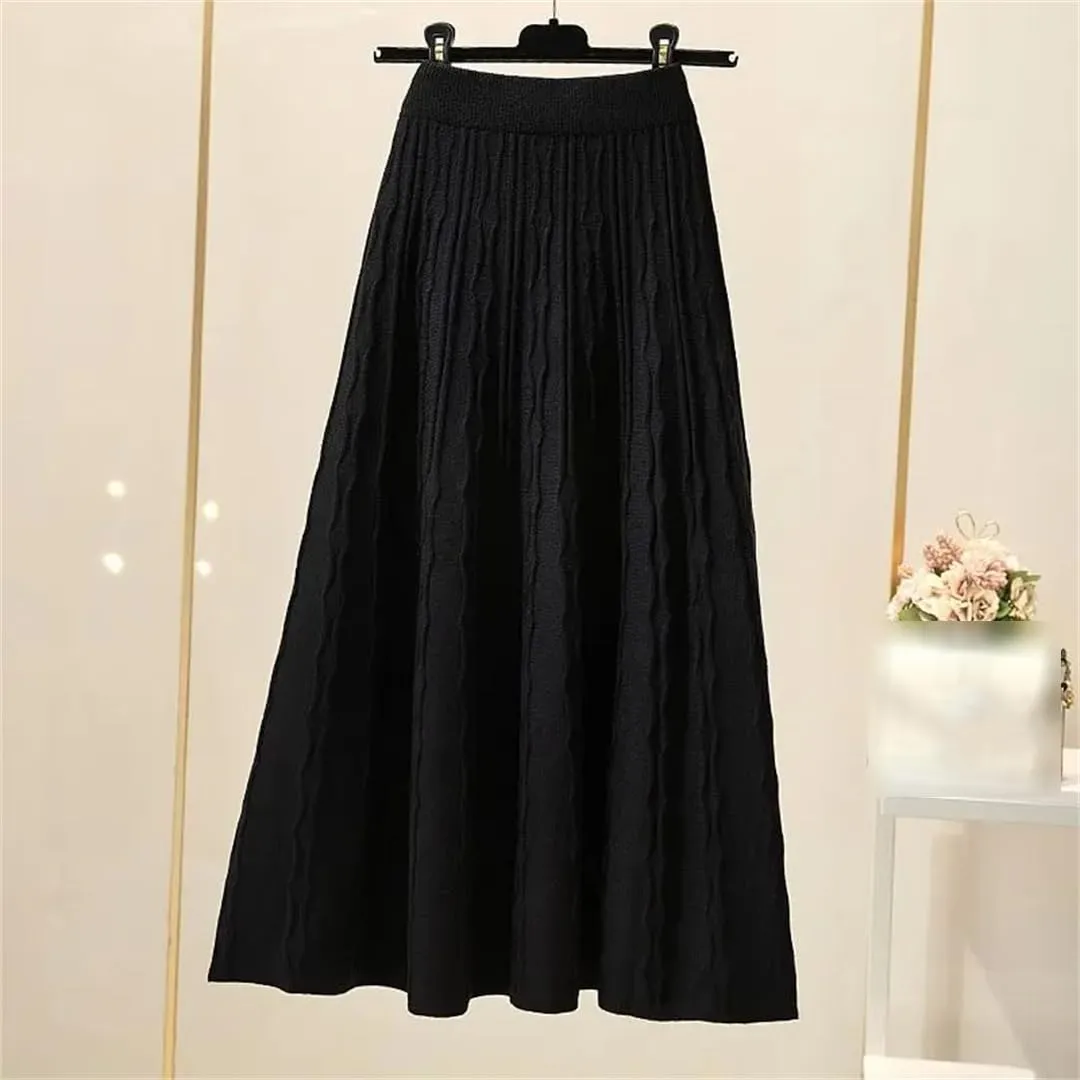 Autumn Winter Pleated Long Skirts for Women Vintage Elastic A-Line High Waist Knitted Skirt Elegant Midi Skirt