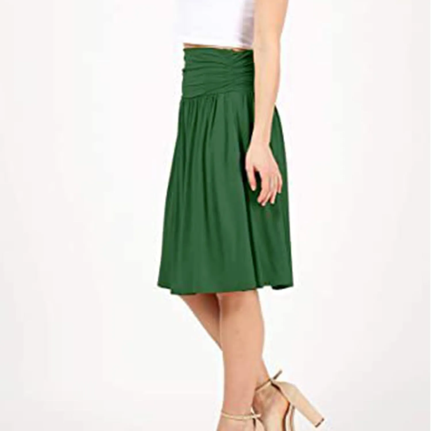 Binmer Women's High Waist Midi Skirt Vintage Elastic A-Line Pleated Below The Knee Length Ruched Flowy Skirts with Pockets