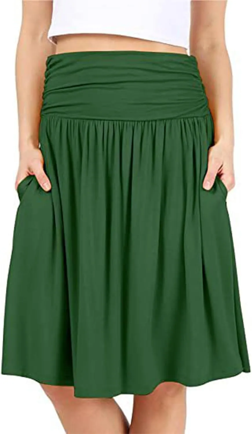 Binmer Women's High Waist Midi Skirt Vintage Elastic A-Line Pleated Below The Knee Length Ruched Flowy Skirts with Pockets