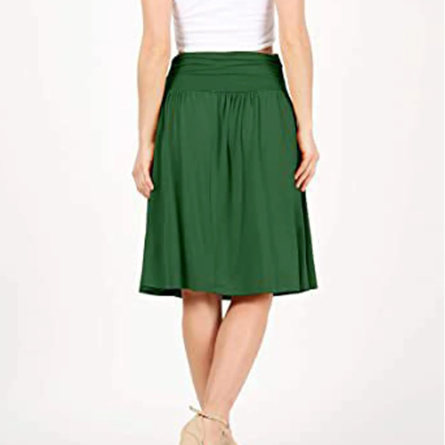 Binmer Women's High Waist Midi Skirt Vintage Elastic A-Line Pleated Below The Knee Length Ruched Flowy Skirts with Pockets