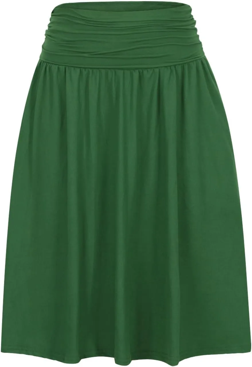 Binmer Women's High Waist Midi Skirt Vintage Elastic A-Line Pleated Below The Knee Length Ruched Flowy Skirts with Pockets