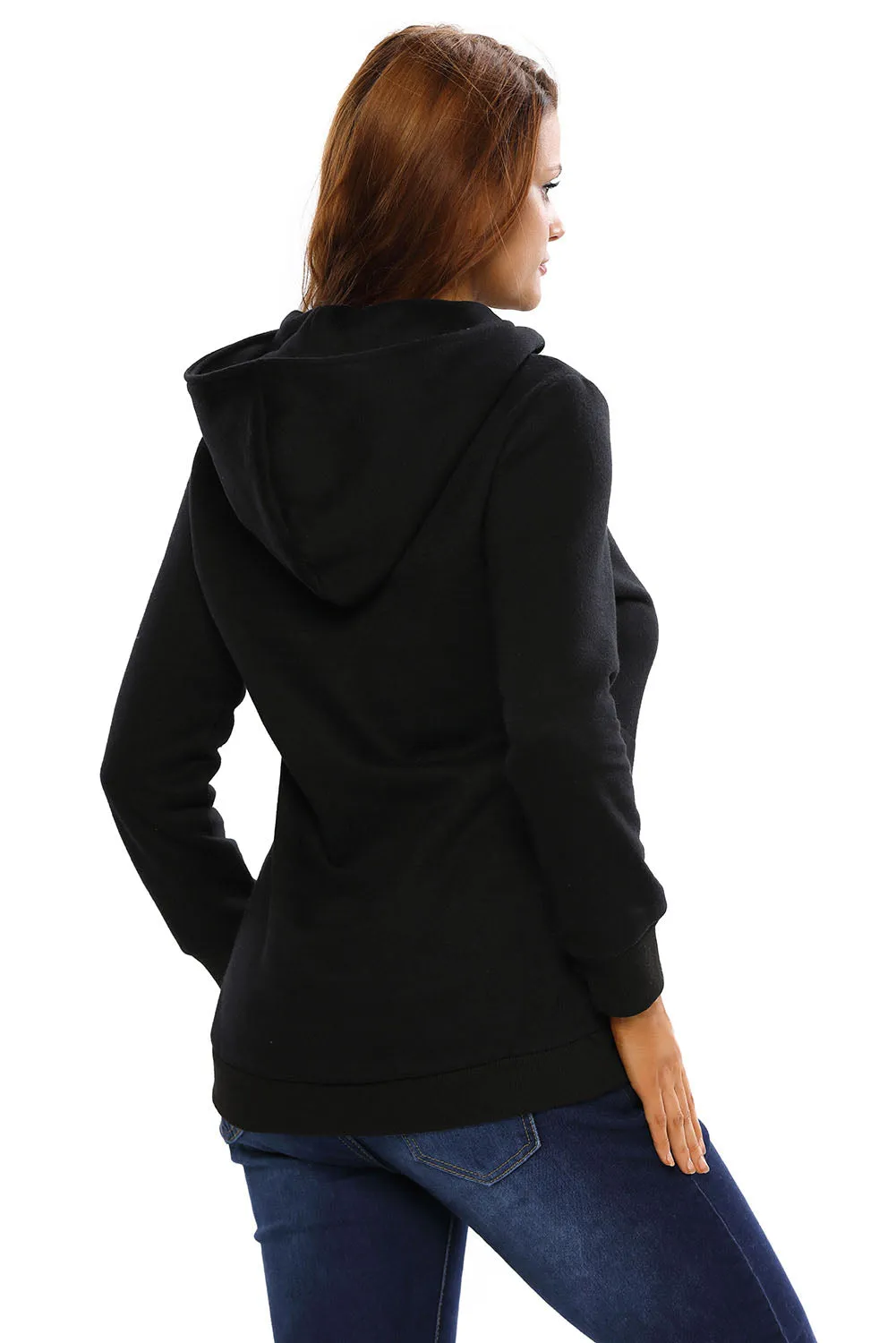 Black Button Zip Detail Warm Pocket Hoodie