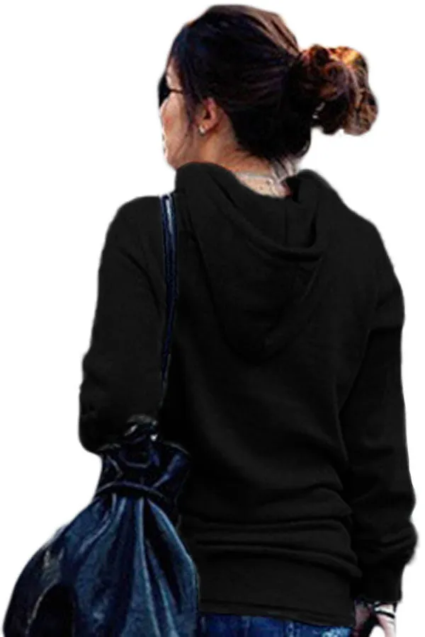 Black Button Zip Detail Warm Pocket Hoodie