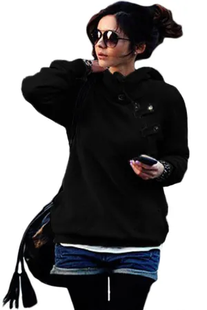 Black Button Zip Detail Warm Pocket Hoodie