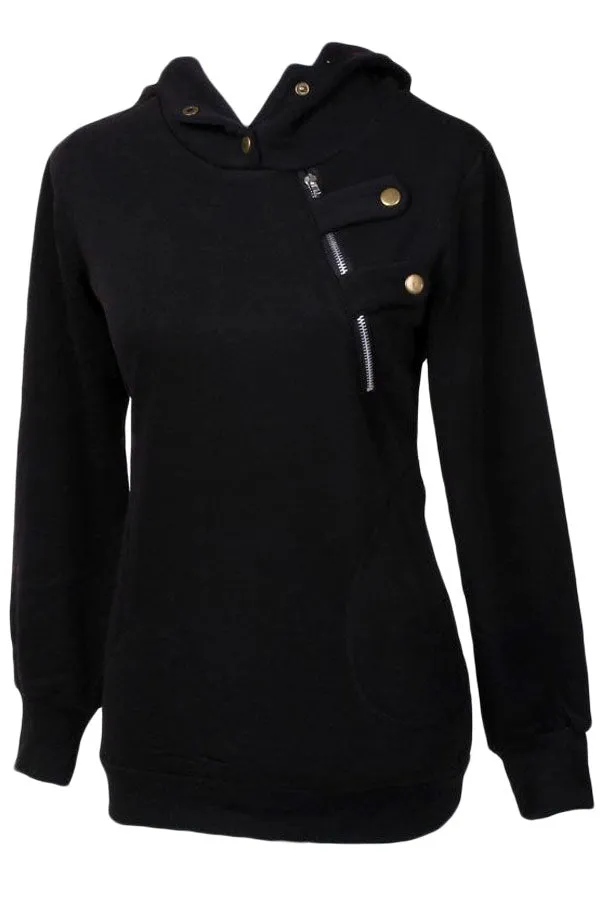 Black Button Zip Detail Warm Pocket Hoodie