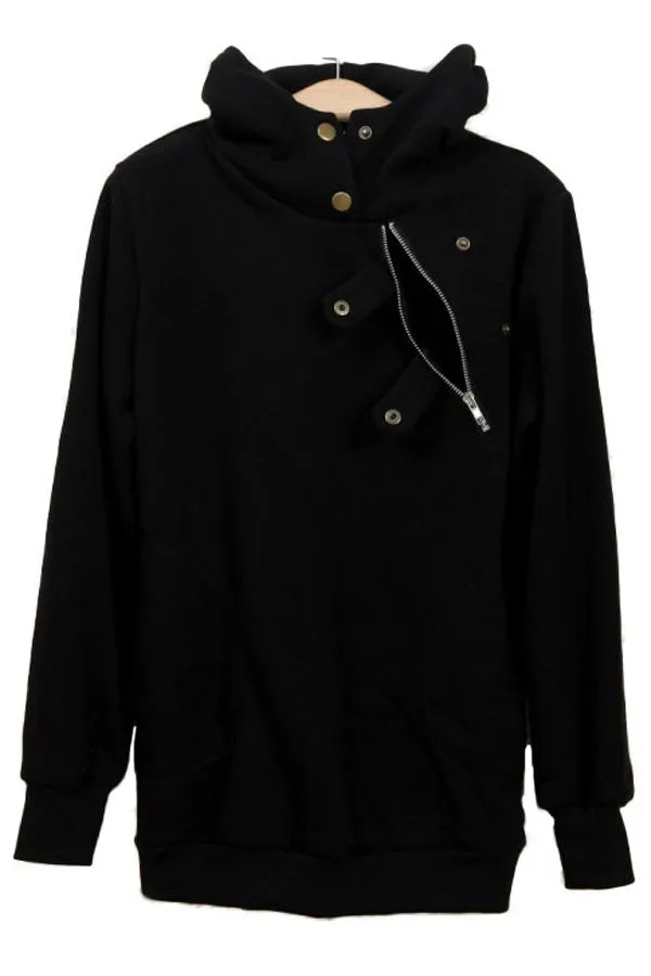 Black Button Zip Detail Warm Pocket Hoodie