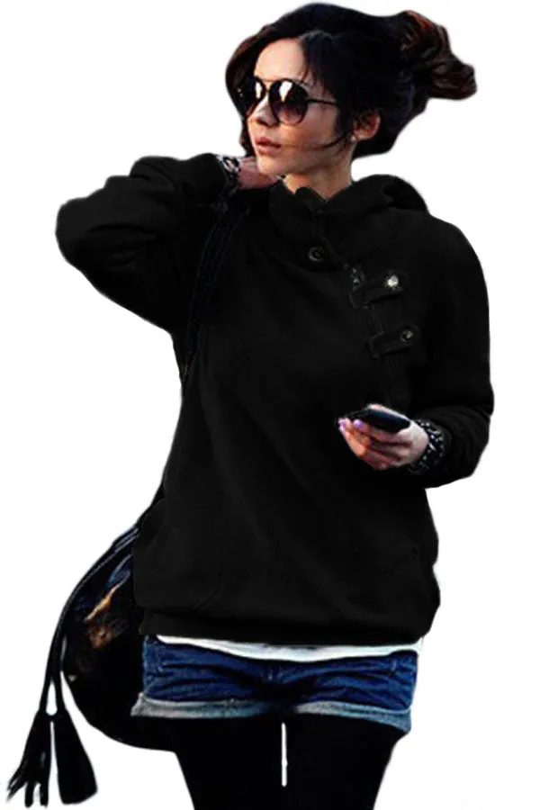 Black Button Zip Detail Warm Pocket Hoodie