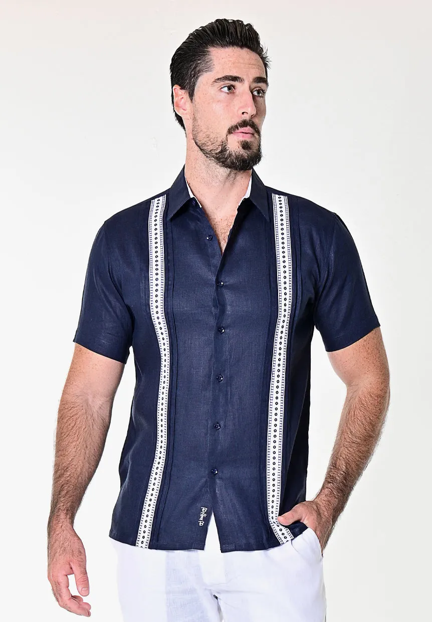 Bohio 100% Linen Mens Short Sleeves Fancy Pin Tucked Ribbon (2) Panel Embroidery Shirt in (2) Colors-MLS1268