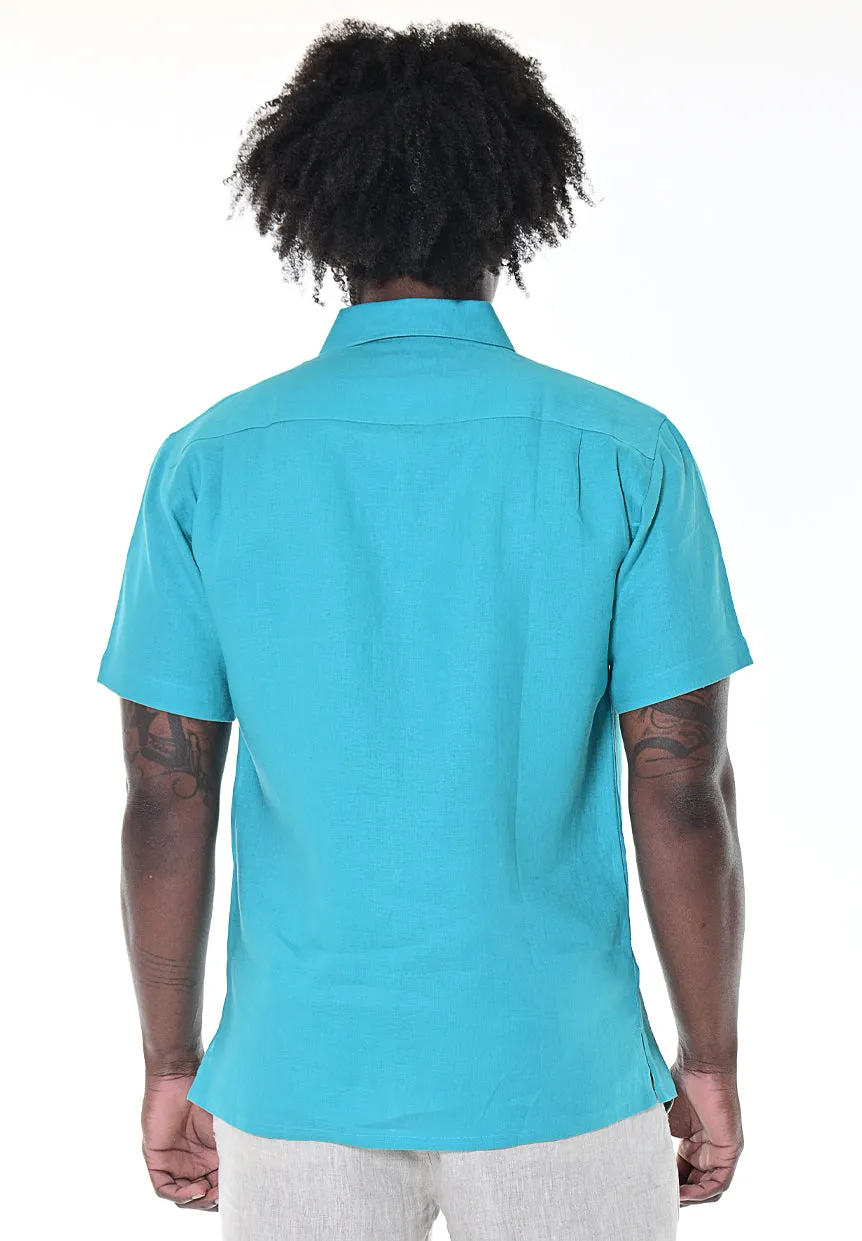 Bohio 100% Linen Mens Short Sleeves Fancy Pin Tucked Ribbon (2) Panel Embroidery Shirt in (2) Colors-MLS1268