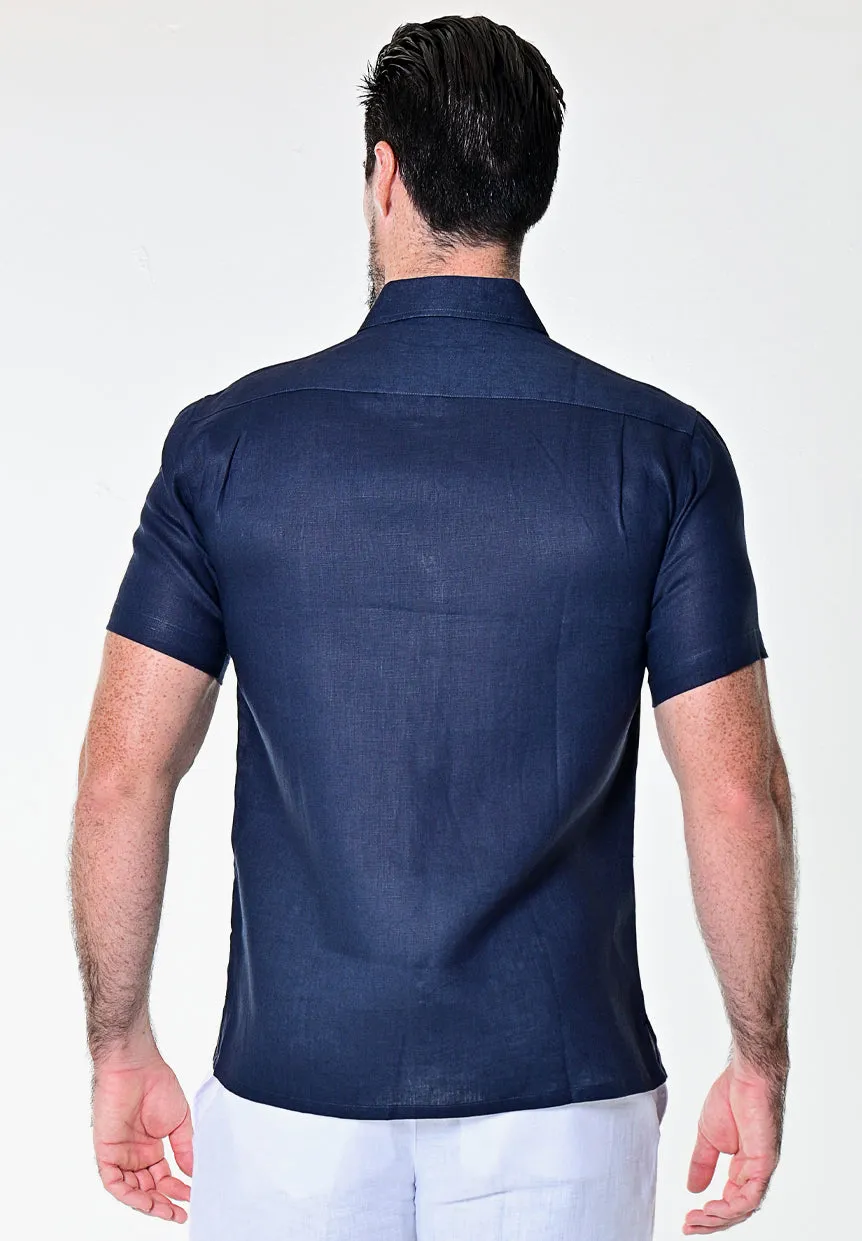 Bohio 100% Linen Mens Short Sleeves Fancy Pin Tucked Ribbon (2) Panel Embroidery Shirt in (2) Colors-MLS1268