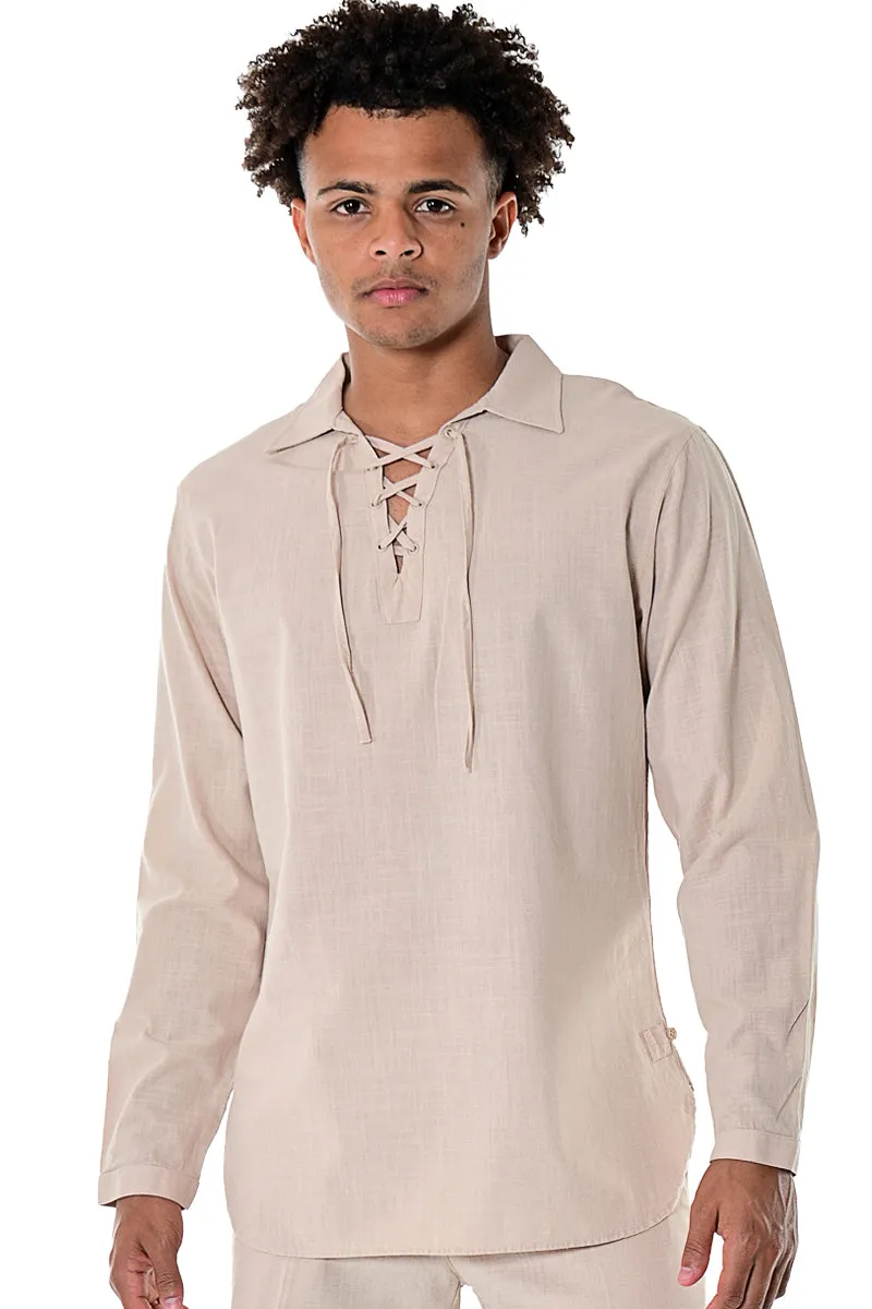 Bohio Men's 100% Cotton Summer Casual Drawstring Collar Long Sleeve Beach Shirt in (2) Colors-MCS1646