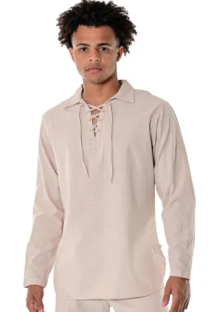 Bohio Men's 100% Cotton Summer Casual Drawstring Collar Long Sleeve Beach Shirt in (2) Colors-MCS1646