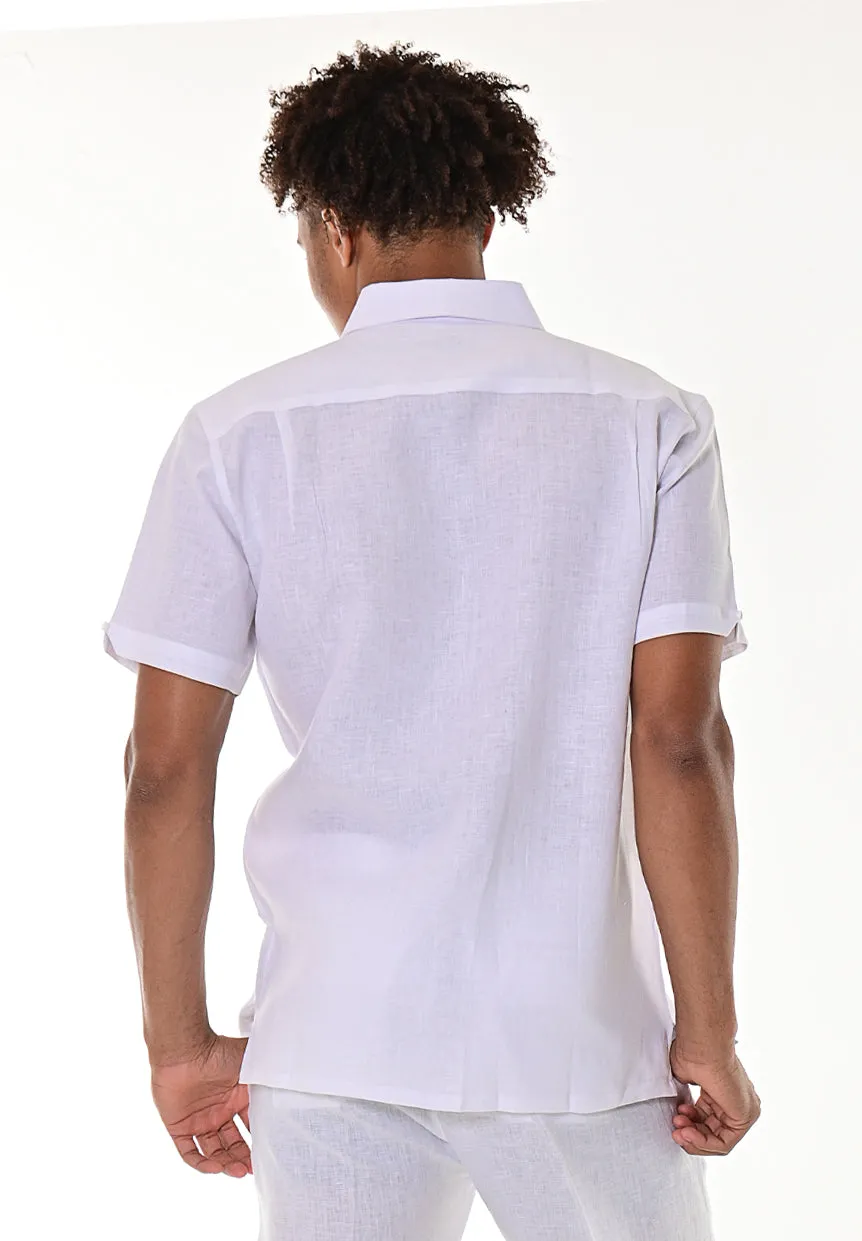 Bohio Men's 100% Linen Guayabera Style Shirt Short Sleeves w/Embroidered Panels-MLS109