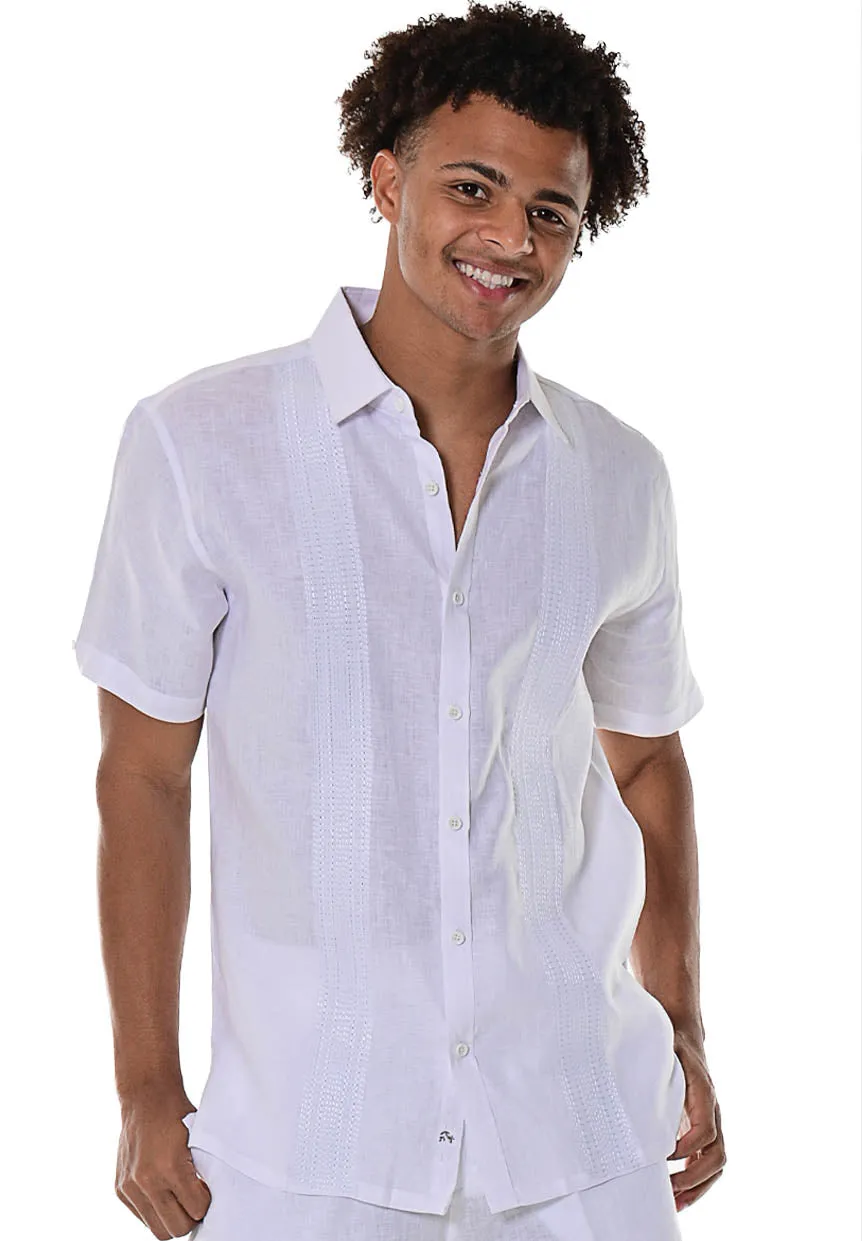 Bohio Men's 100% Linen Guayabera Style Shirt Short Sleeves w/Embroidered Panels-MLS109