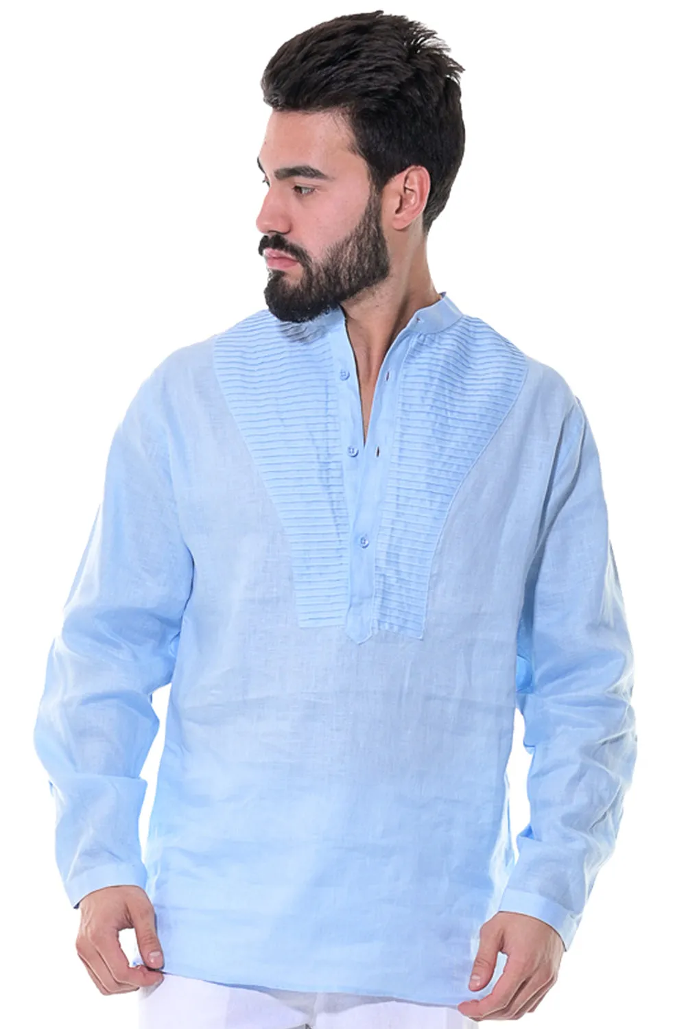 Bohio Men's 100% Linen Henley Long Sleeve Shirt w/Pin Tuck Placket-MLS1279