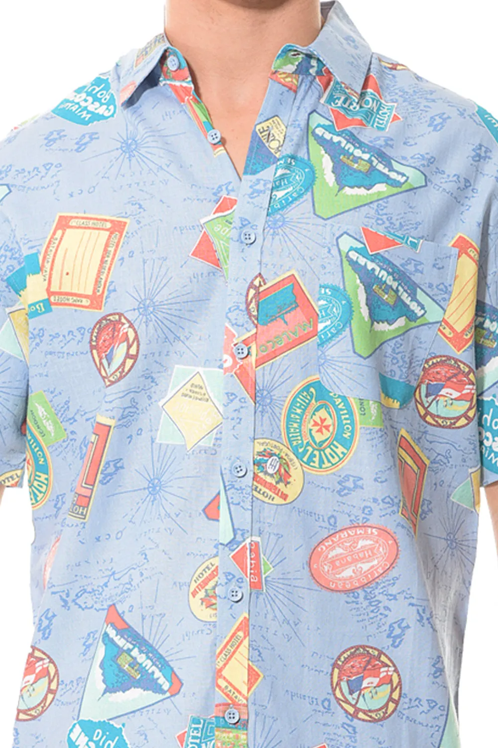 Bohio Men's Linen Short Sleeve Shirt w/Pocket Travel Destinations Print Blue_MLSP1197