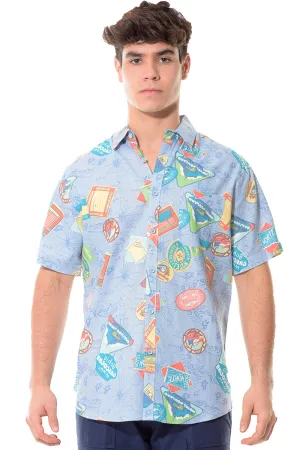 Bohio Men's Linen Short Sleeve Shirt w/Pocket Travel Destinations Print Blue_MLSP1197