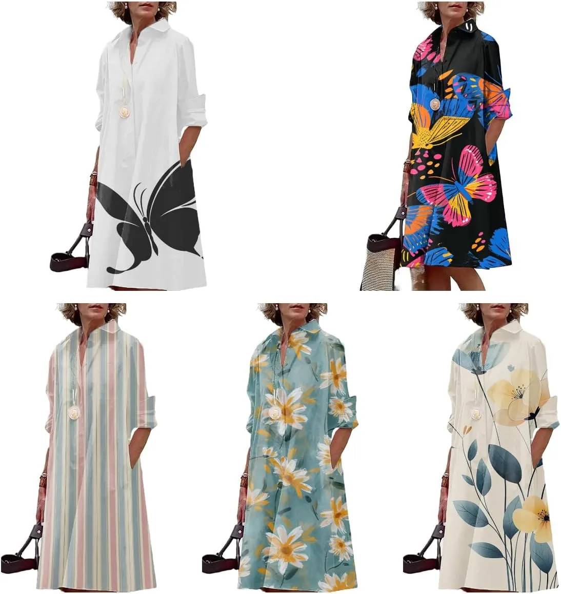 Boho Sun Dresses for Women Casual Fashion Comfy V Neck Business Midi Shirts Dresses Womens Button Down Shirt Dress