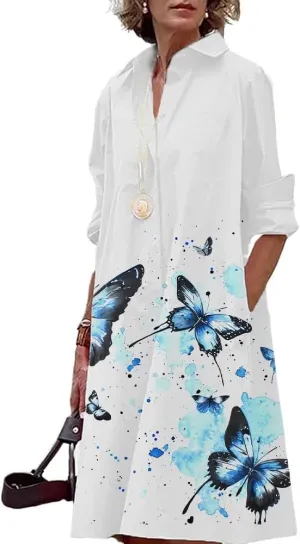 Boho Sun Dresses for Women Casual Fashion Comfy V Neck Business Midi Shirts Dresses Womens Button Down Shirt Dress