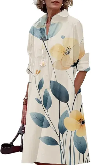 Boho Sun Dresses for Women Casual Fashion Comfy V Neck Business Midi Shirts Dresses Womens Button Down Shirt Dress