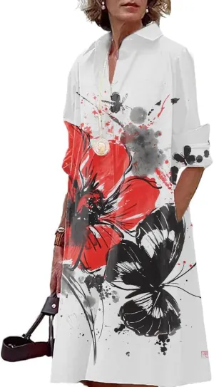 Boho Sun Dresses for Women Casual Fashion Comfy V Neck Business Midi Shirts Dresses Womens Button Down Shirt Dress