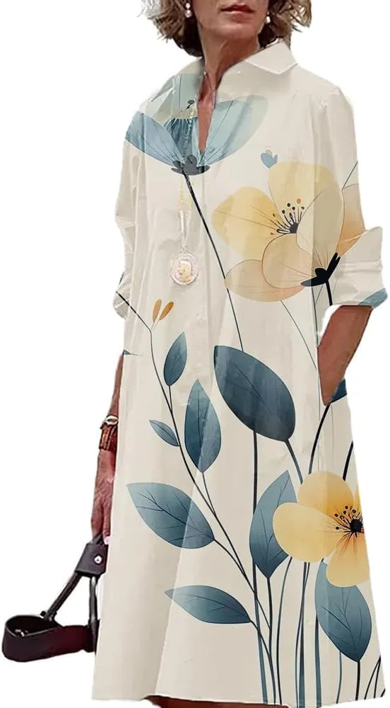 Boho Sun Dresses for Women Casual Fashion Comfy V Neck Business Midi Shirts Dresses Womens Button Down Shirt Dress