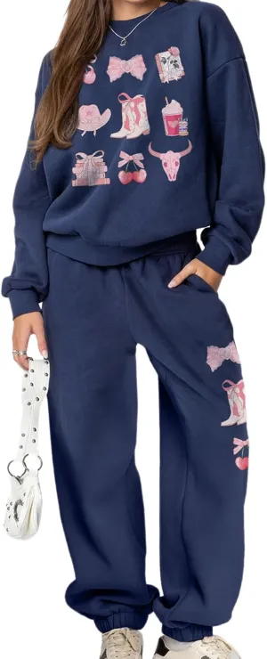 Bow Print Sweat Set for Women Tracksuit Long Sleeve Crew Neck Oversized Hoodie Wide Leg Sweatpants 2 Piece Outfits