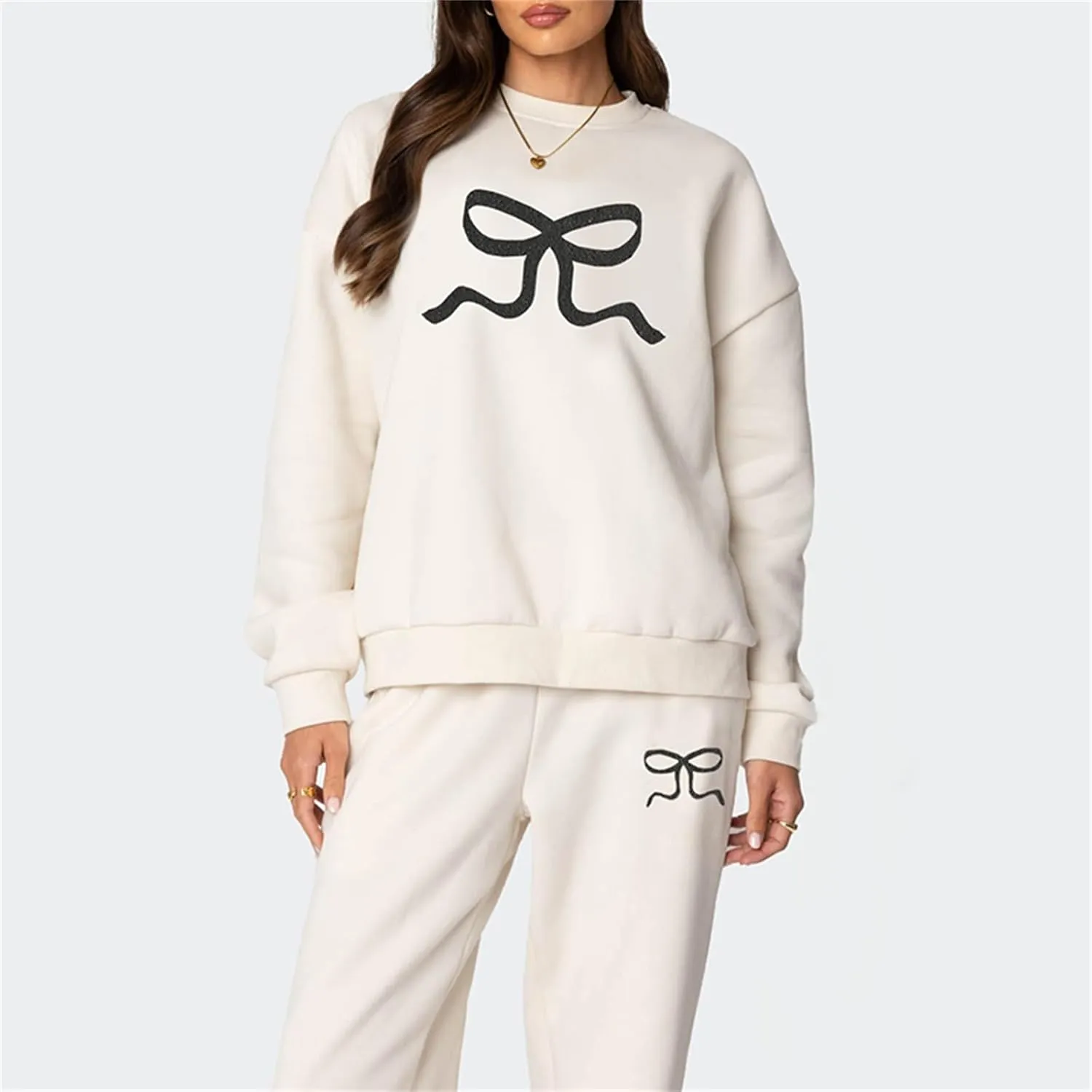 Bow Print Sweat Set for Women Tracksuit Long Sleeve Crew Neck Oversized Hoodie Wide Leg Sweatpants 2 Piece Outfits