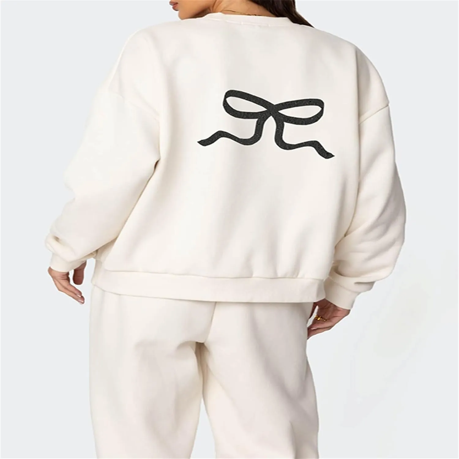 Bow Print Sweat Set for Women Tracksuit Long Sleeve Crew Neck Oversized Hoodie Wide Leg Sweatpants 2 Piece Outfits