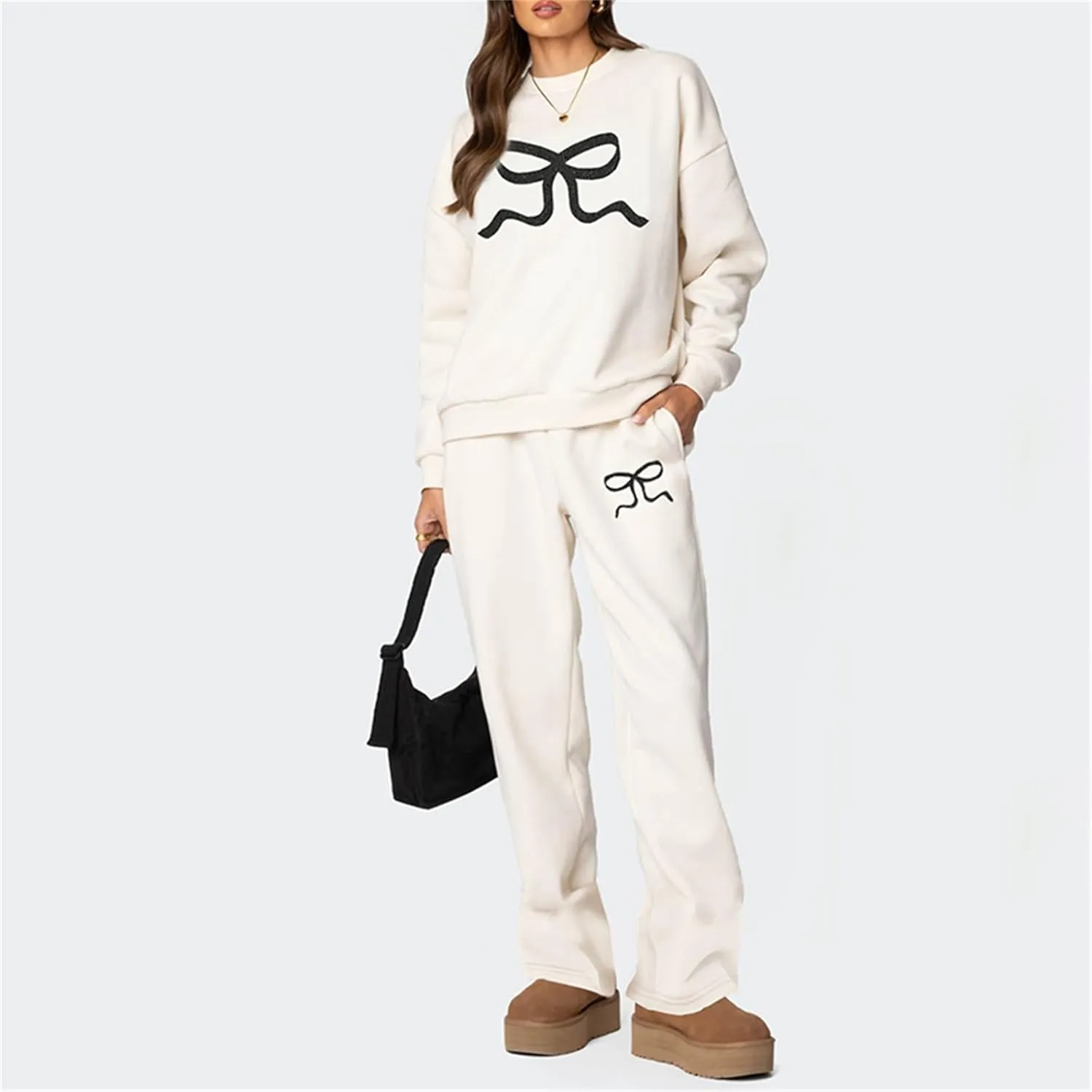 Bow Print Sweat Set for Women Tracksuit Long Sleeve Crew Neck Oversized Hoodie Wide Leg Sweatpants 2 Piece Outfits