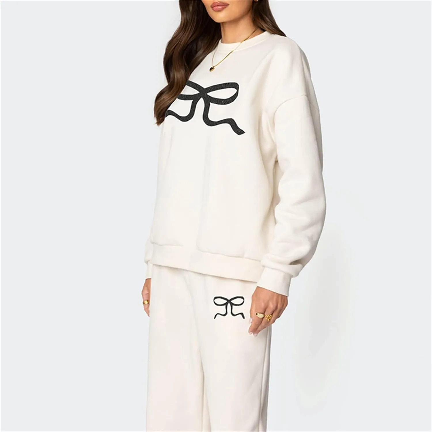 Bow Print Sweat Set for Women Tracksuit Long Sleeve Crew Neck Oversized Hoodie Wide Leg Sweatpants 2 Piece Outfits