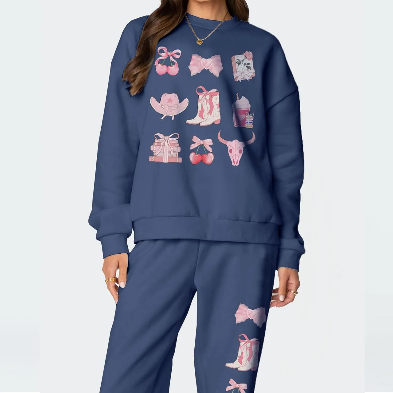 Bow Print Sweat Set for Women Tracksuit Long Sleeve Crew Neck Oversized Hoodie Wide Leg Sweatpants 2 Piece Outfits