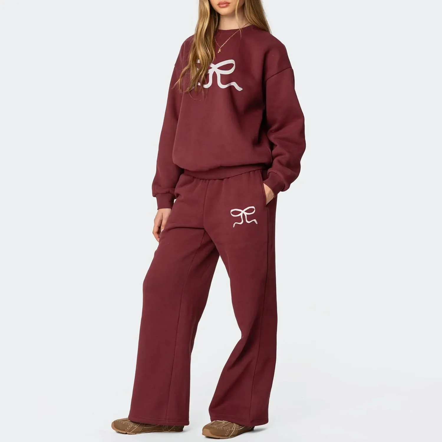 Bow Print Sweat Set for Women Tracksuit Long Sleeve Crew Neck Oversized Hoodie Wide Leg Sweatpants 2 Piece Outfits