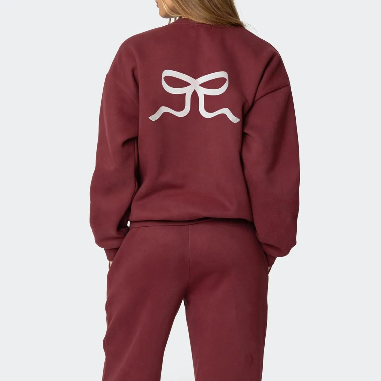 Bow Print Sweat Set for Women Tracksuit Long Sleeve Crew Neck Oversized Hoodie Wide Leg Sweatpants 2 Piece Outfits