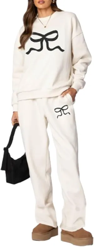 Bow Print Sweat Set for Women Tracksuit Long Sleeve Crew Neck Oversized Hoodie Wide Leg Sweatpants 2 Piece Outfits